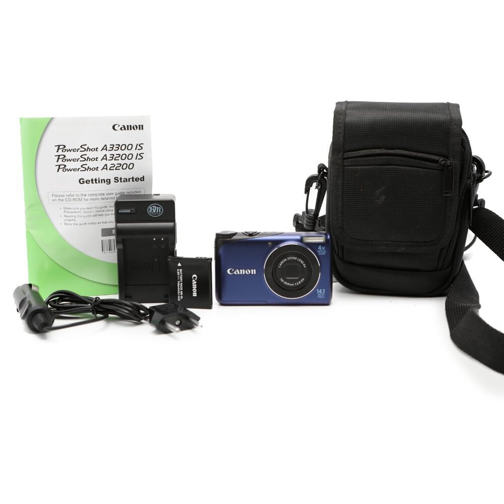 Canon Powershot A2200 14.1 MP Digital Camera 4X Zoom Blue Charger Battery Case
